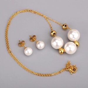 set acero dorado 3 perlas blancas
