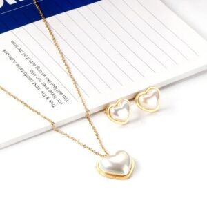 set acero dorado corazon de perla