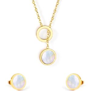 set acero dorado circulo con nacar