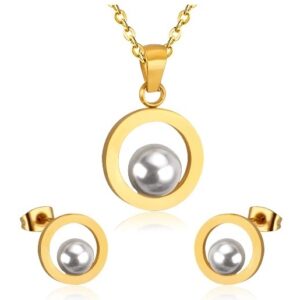 set acero dorado redondo con perla interna