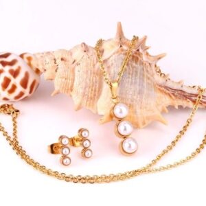 set acero dorado barra 3 perlas