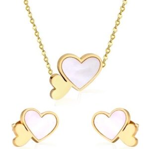 set acero dorado 2 corazones y nacar