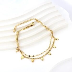 tobillera acero dorada doble y trebol 21 cm