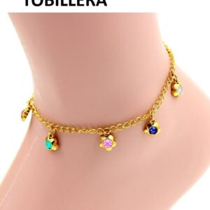 tobillera acero dorada flores brillo colores