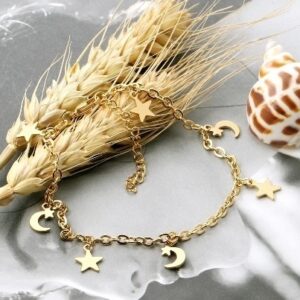 tobillera acero dorada lunas y estrellas