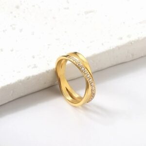 anillo acero dorado cruzado con brillos t 8