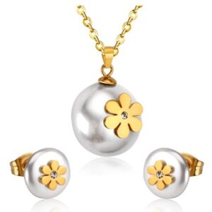 set acero dorado perla con flor