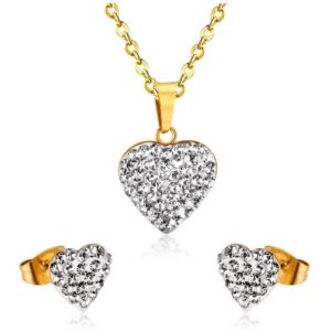 set acero dorado corazon con brillos